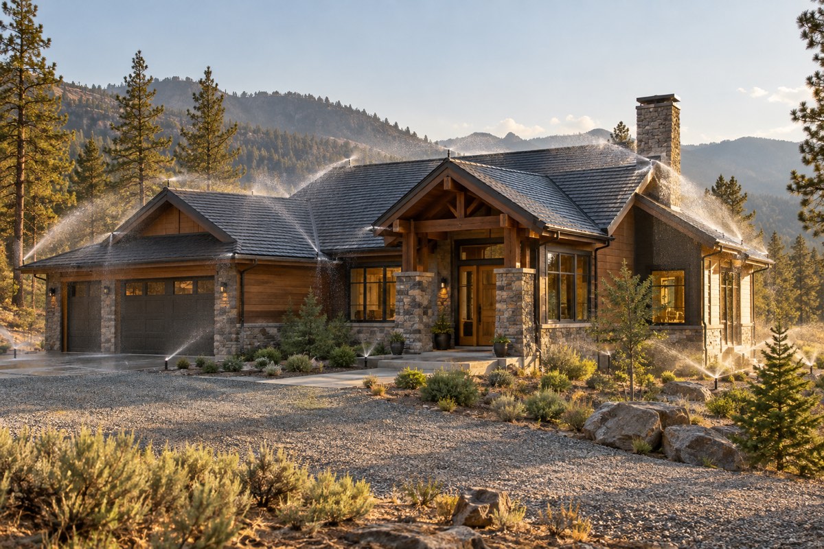 Concept of exterior sprinklers watering a rural home